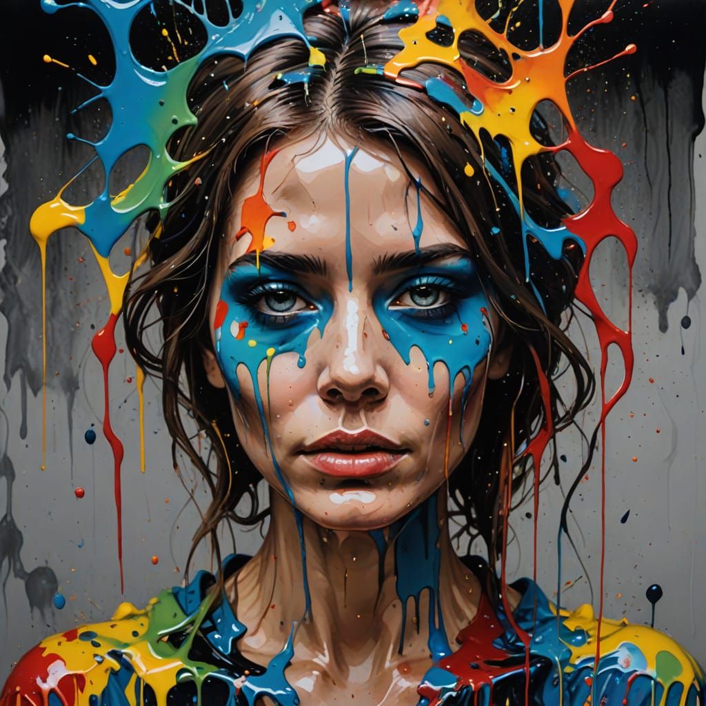 Surreal Woman Portrait with Dripping Paint, Impressionistic ...