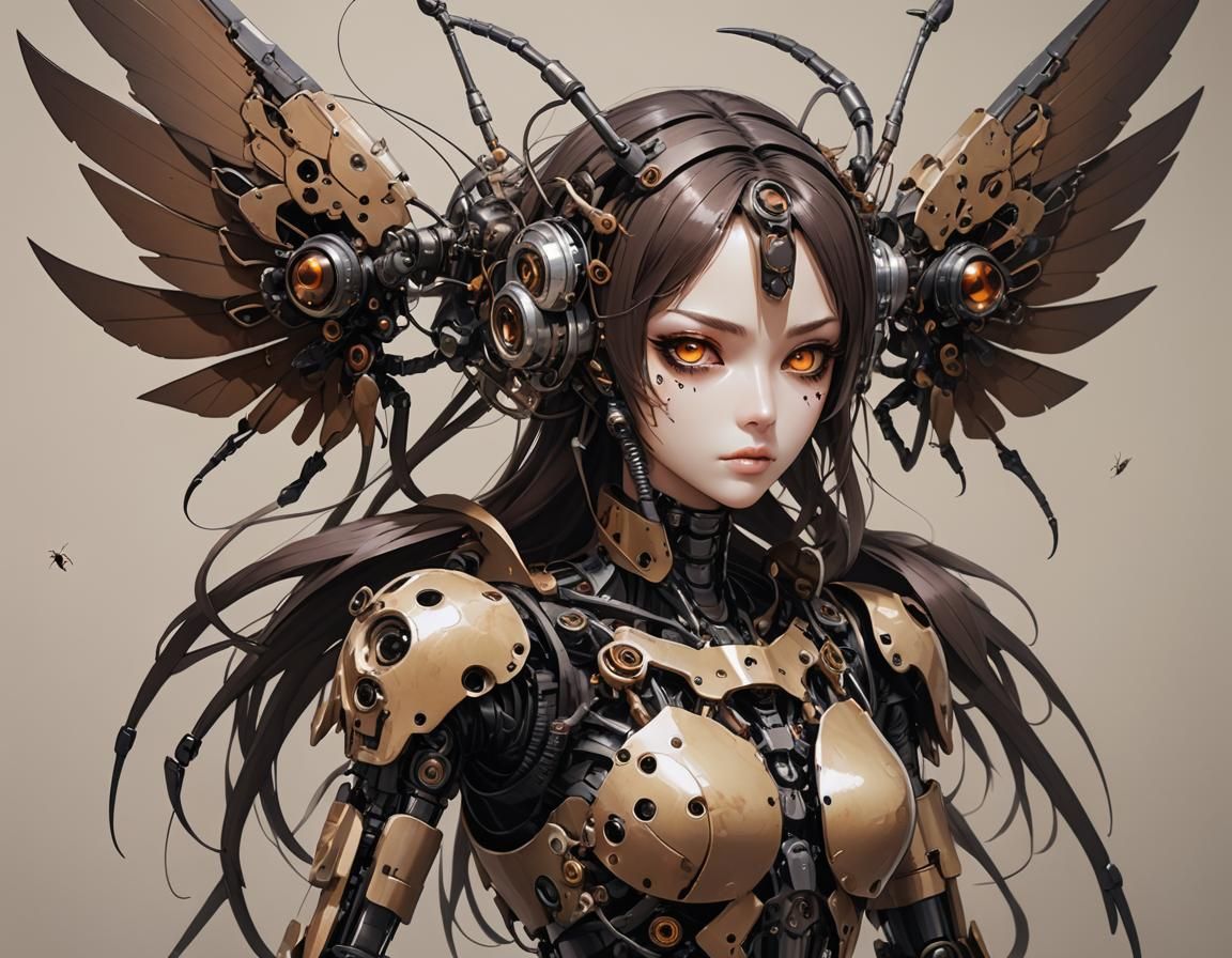 Robot Anime Girl with Mechanical Components and Ants