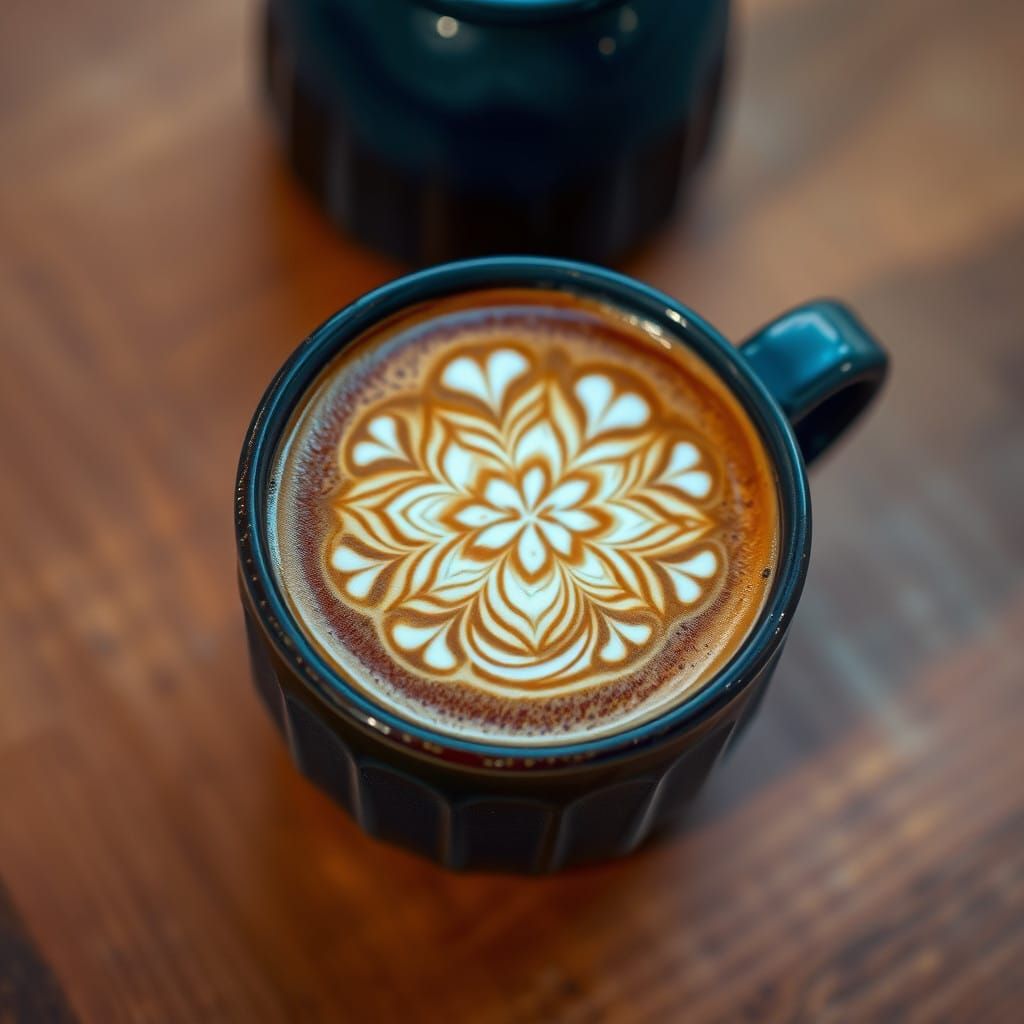 Realistic Latte Art in a Cerulean Mug