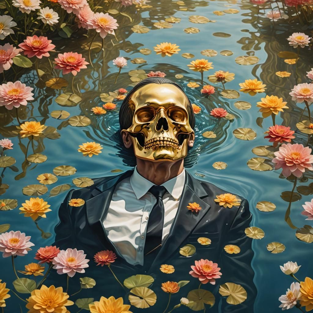 Surreal Golden Skull Man Floating Down River
