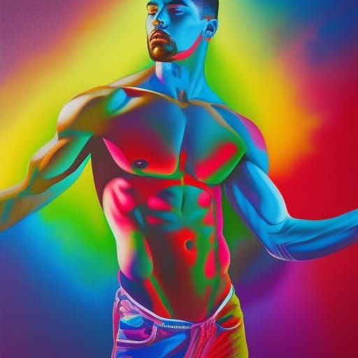 Vibrant Male Model in Rainbow Neon Painting