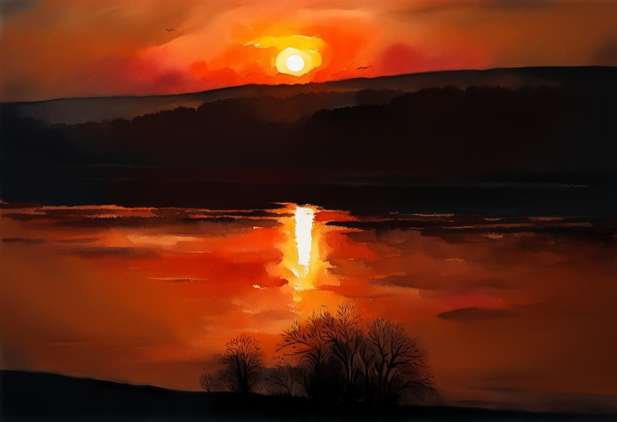 Danube River Sunset in Watercolor Style