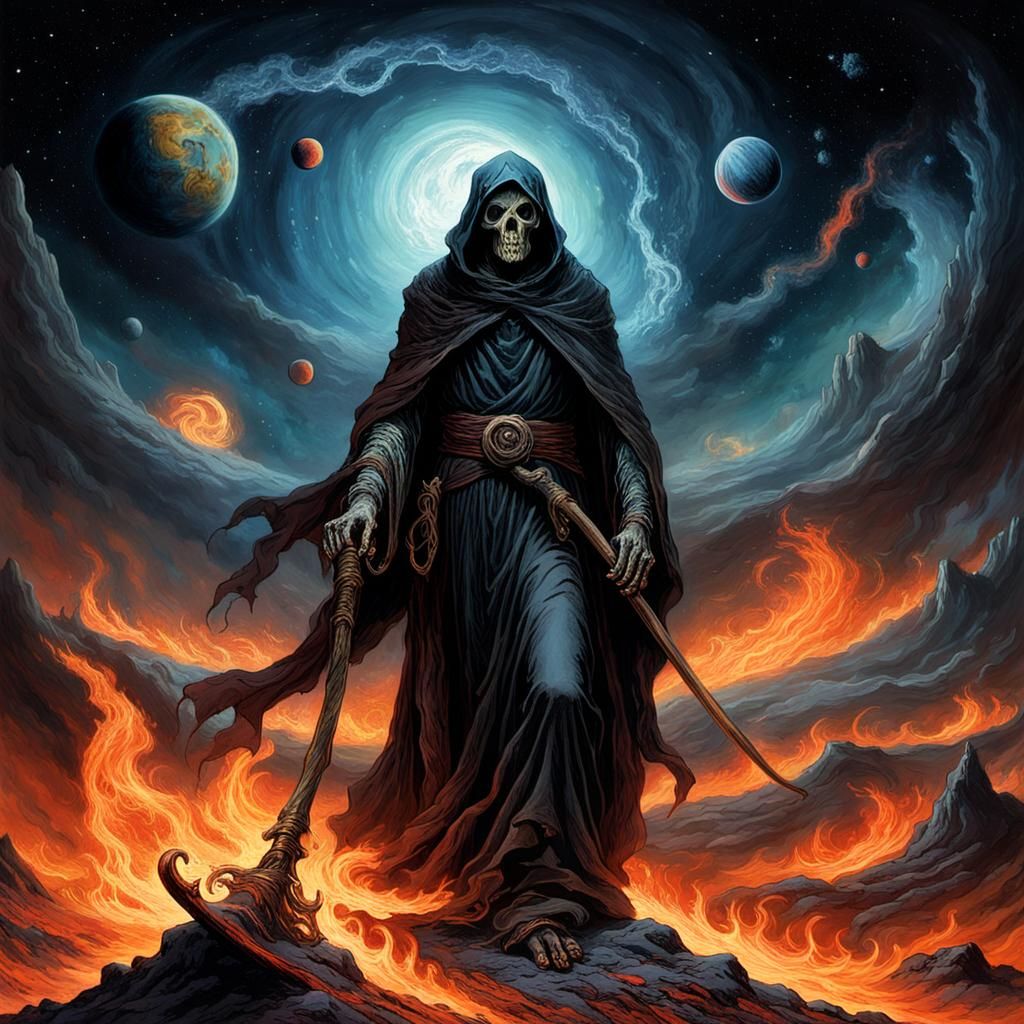Grim Reaper Guides Souls to Fiery Afterlife