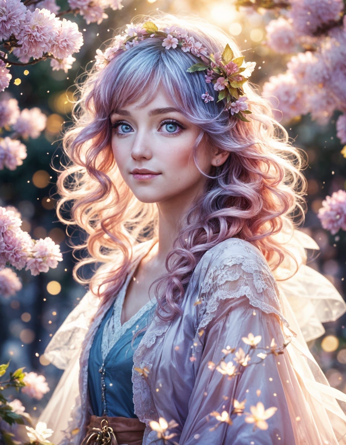 Rainbow Haired Woman in Cherry Blossom Garden
