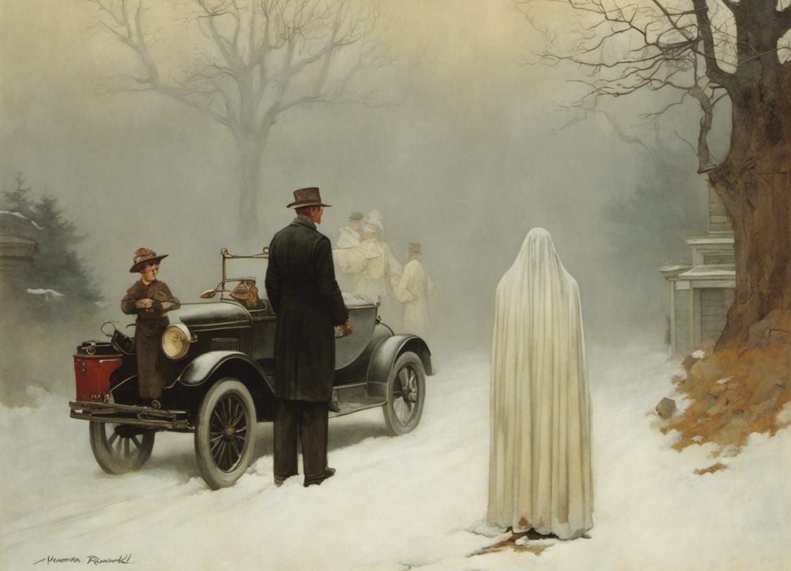 Ghostly Figure Emerging from Fog in Rockwell Style