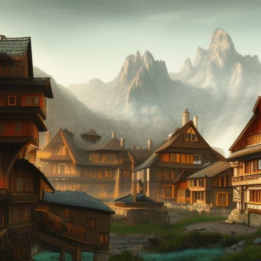 Mountain Encircled Medieval Town in Detailed Matte Painting