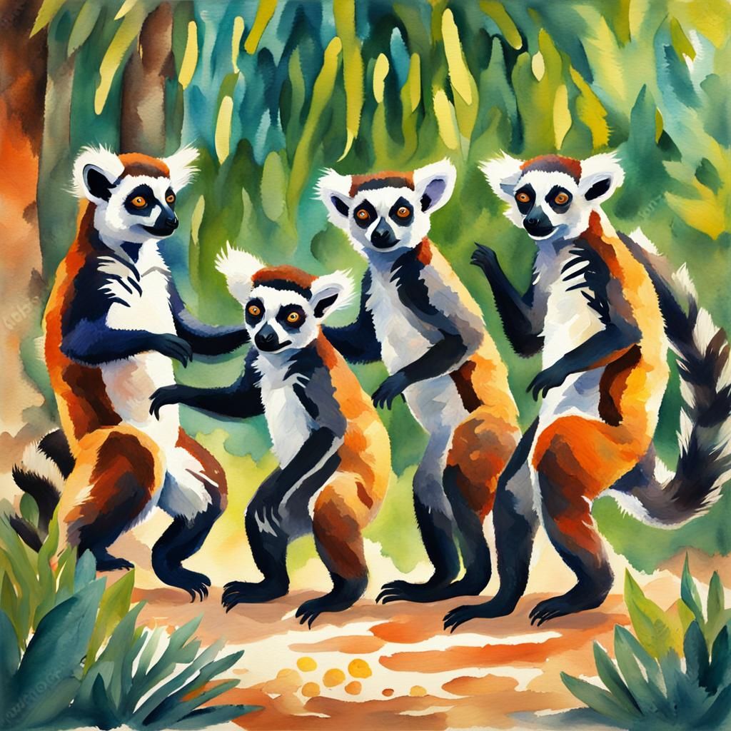 Dancing Lemurs in Gouache Watercolor Style