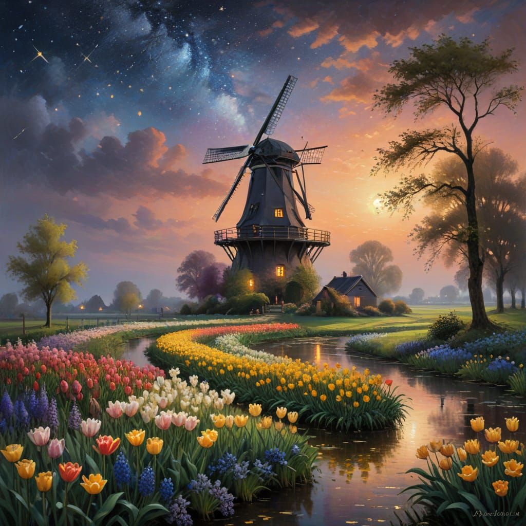 Serene Dutch Windmill Landscape in Romantic Impressionist St...