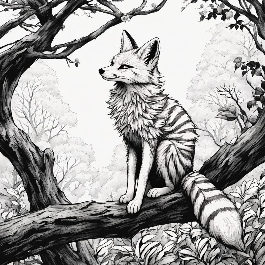 Stylized Black and White Fox Perched on a Tree Branch