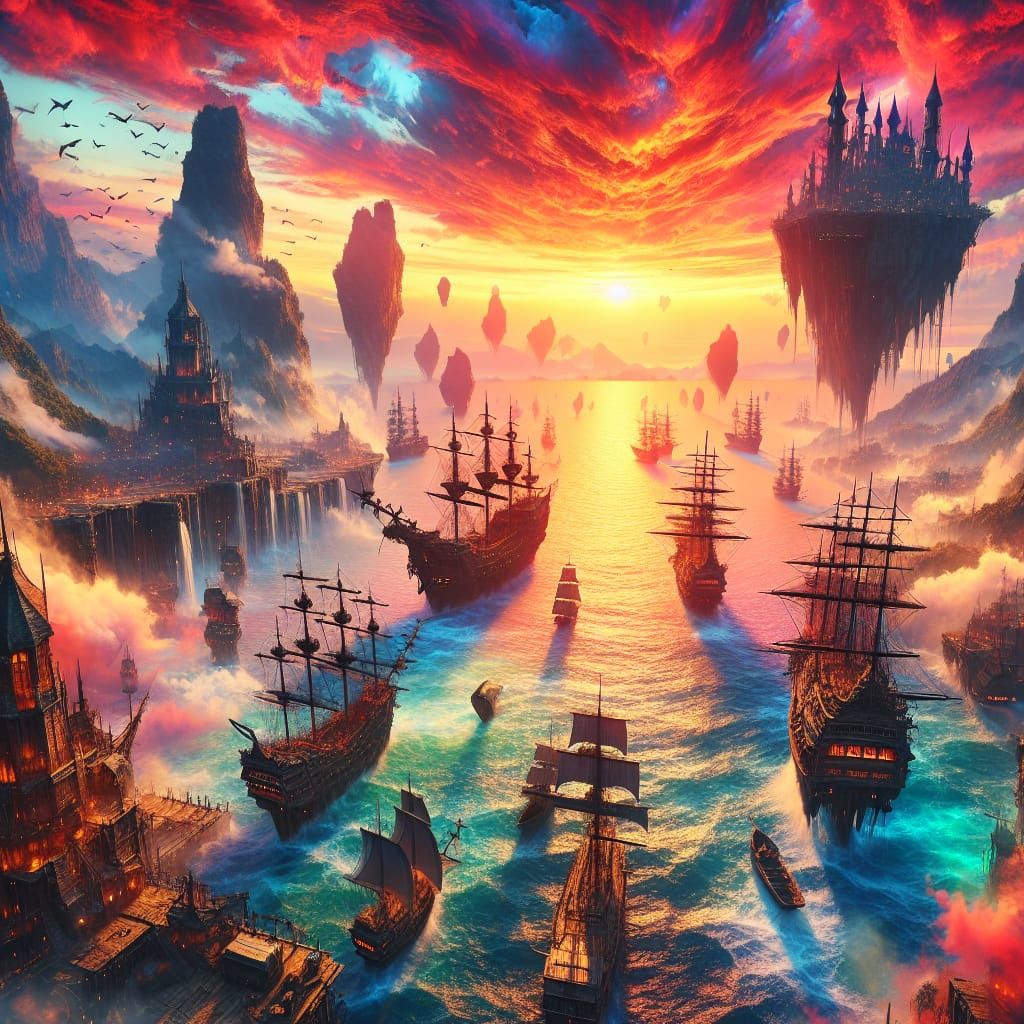 Pirate Ships in Harbor at Sunset: Splash Art