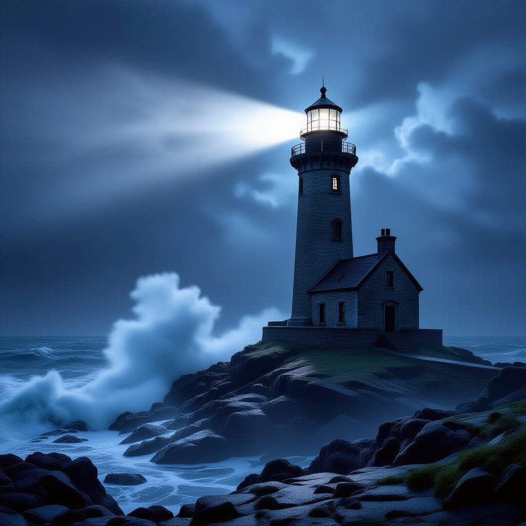 Ancient Lighthouse Beam Pierces Stormy Dark Sea