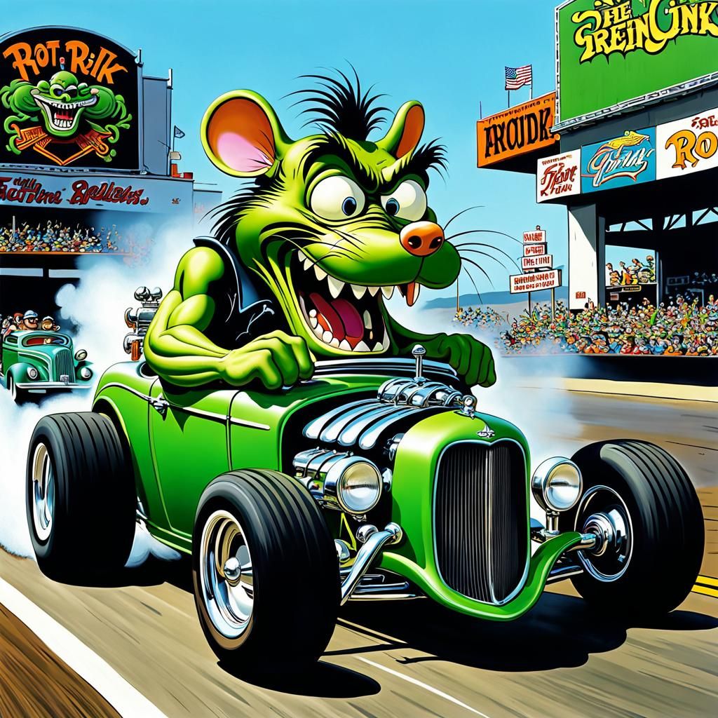 Green Rat Fink Driving a Hot Rod Cartoon