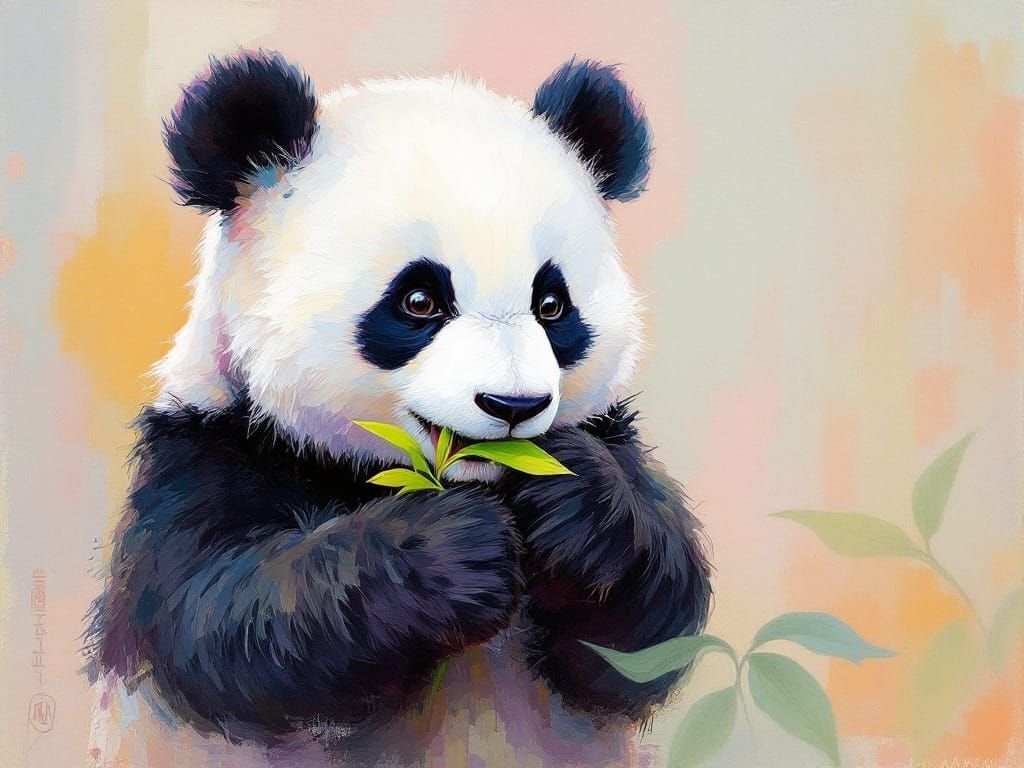 Pastel Panda Bear Chews Bamboo in Whimsical Oil Painting