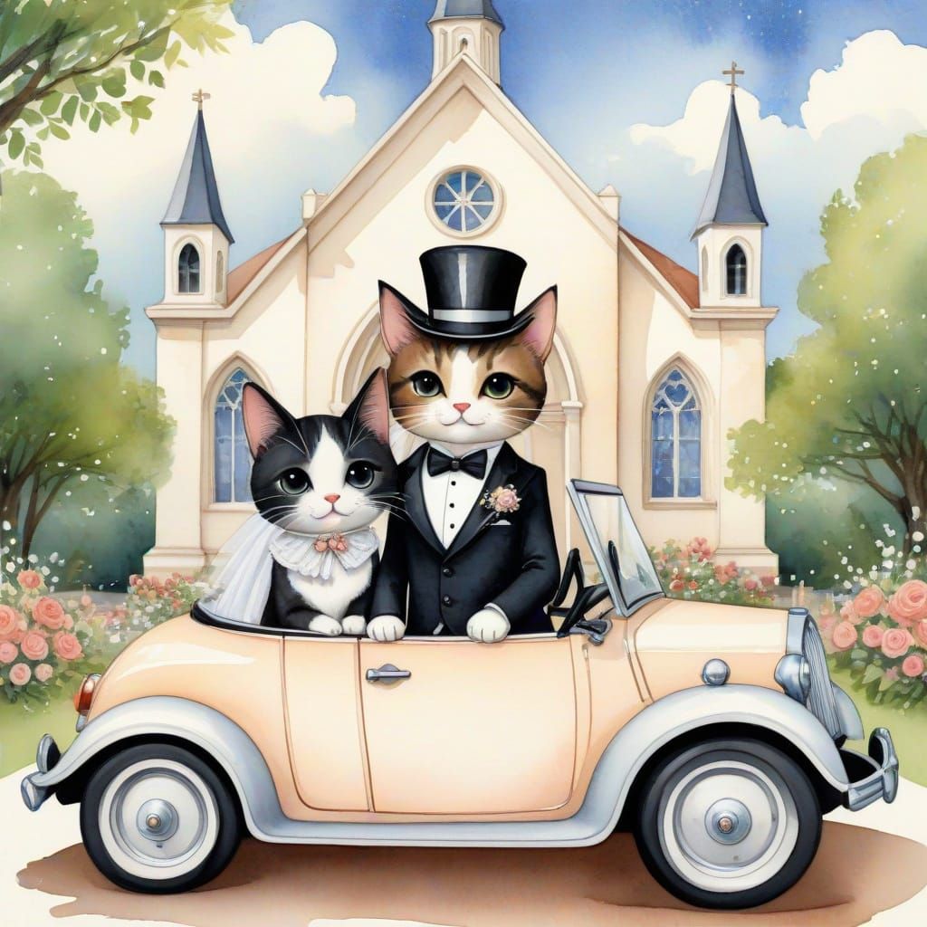 Chibi Wedding Cats in Vintage Watercolor Style
