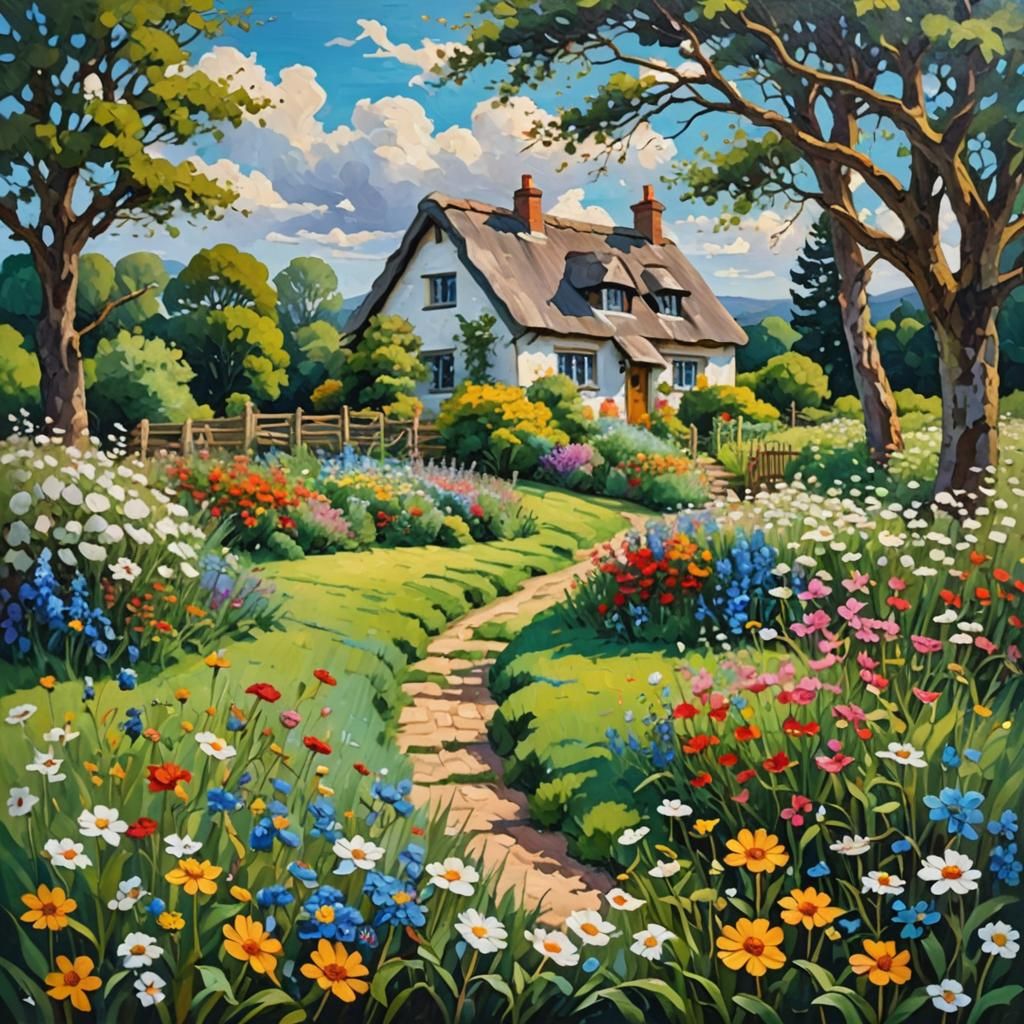 Quaint Cottage with Wildflowers in Impressionist Style