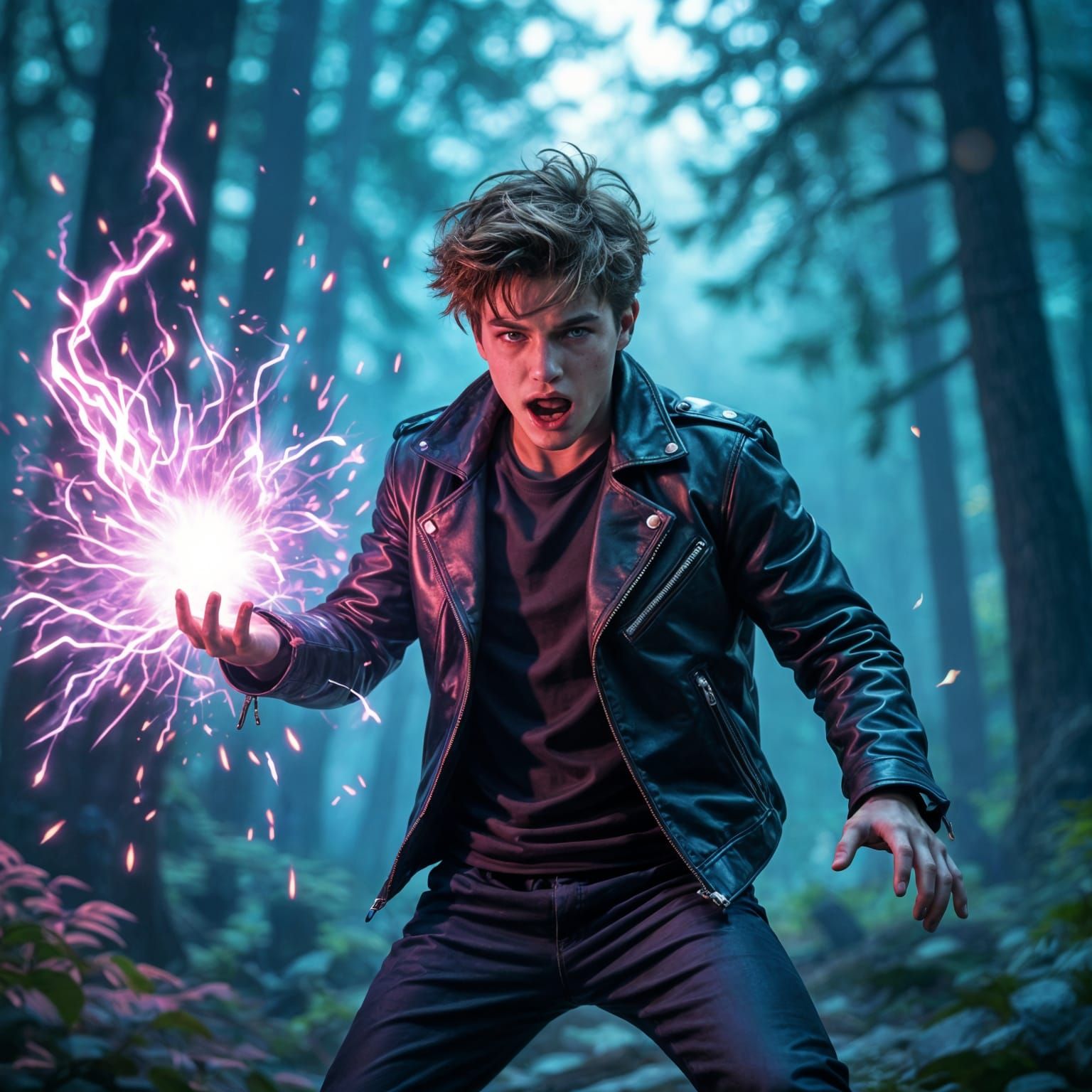 Teenage Boy with Magic Power in Forest