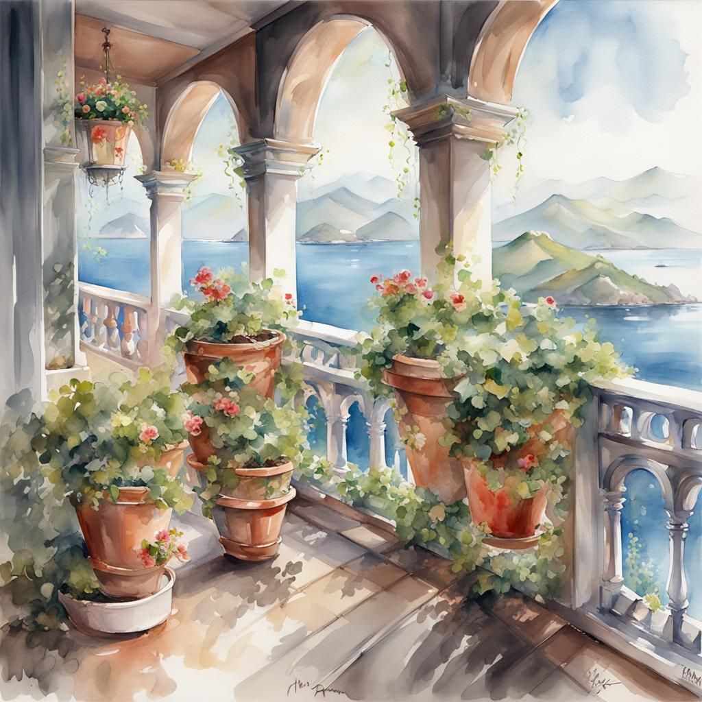 Chinese Balcony Overlooking Sea in Watercolor Style