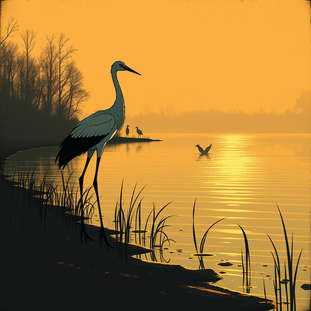Cranes on a Reed-Covered Lake in Mystical Style