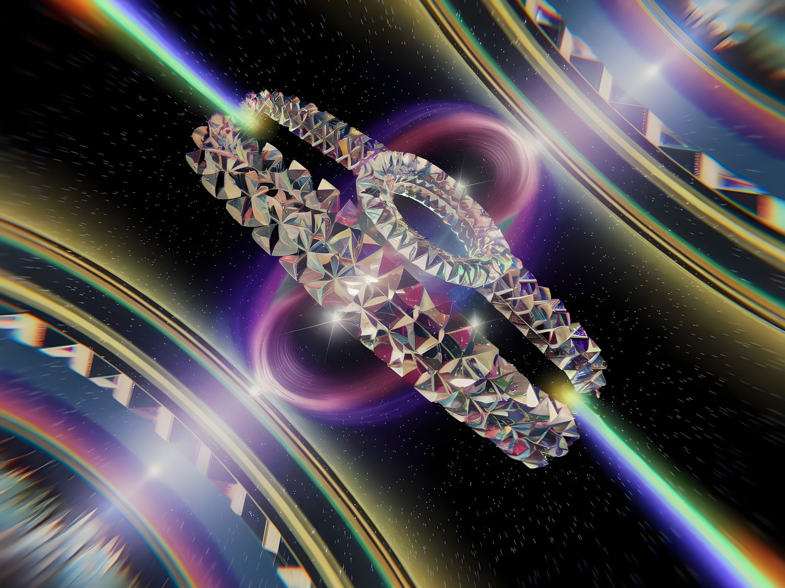Crystal Prism Spaceship Radiating Rainbow Light