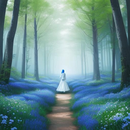 Woman in White Dress Walking in Dreamcore Forest