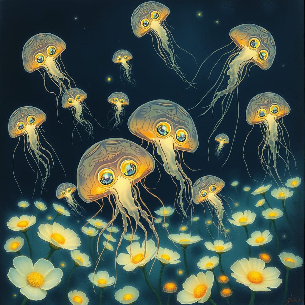 Impressionistic Luminous Jellyfish Glide Through Bioluminesc...