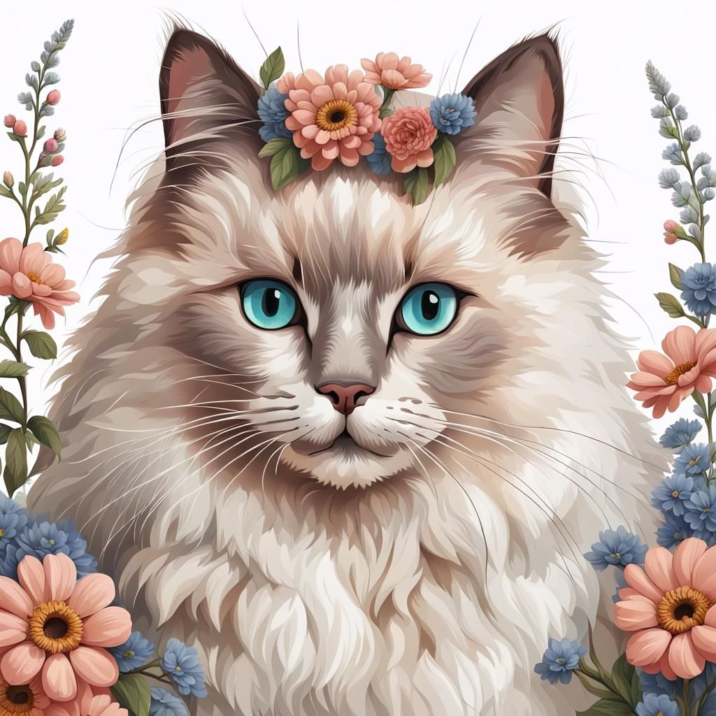 Ragdoll Cat with Floral Crown: Detailed Illustration