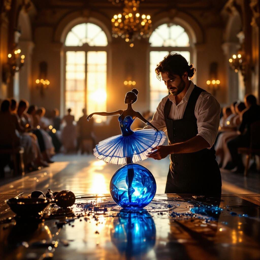 Glassblower Crafts Blue Ballerina in Spanish Ballroom