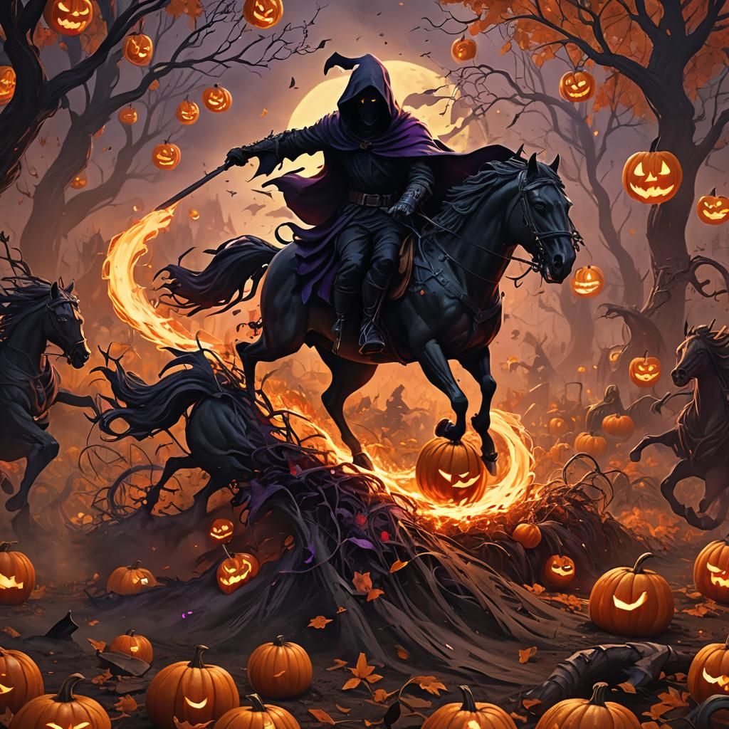 Grim Reaper on Fiery Horse in Pumpkin Patch