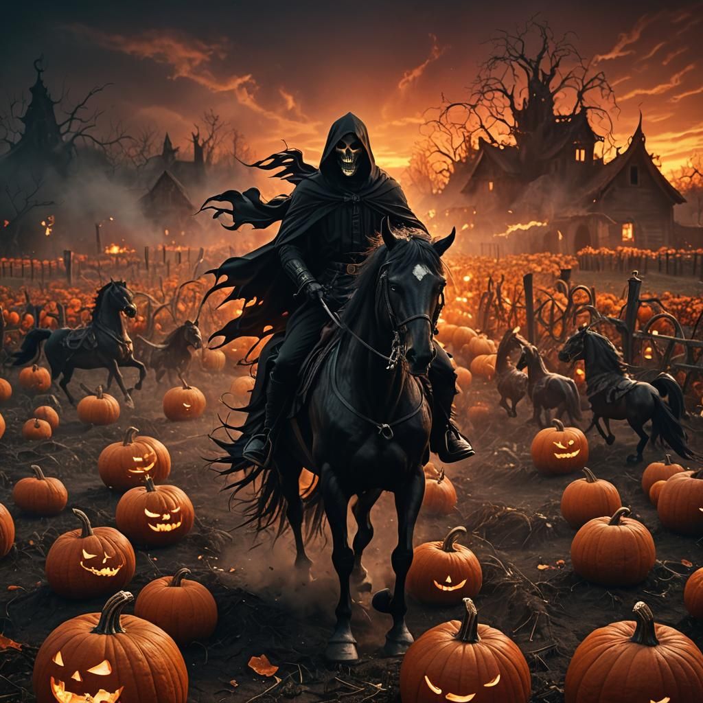 Grim Reaper on Fiery Horse in Pumpkin Patch