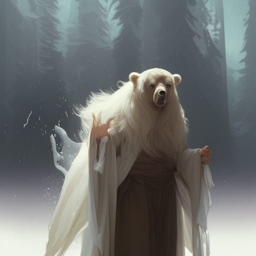 Man and Bear in White Robes: Fantasy Art
