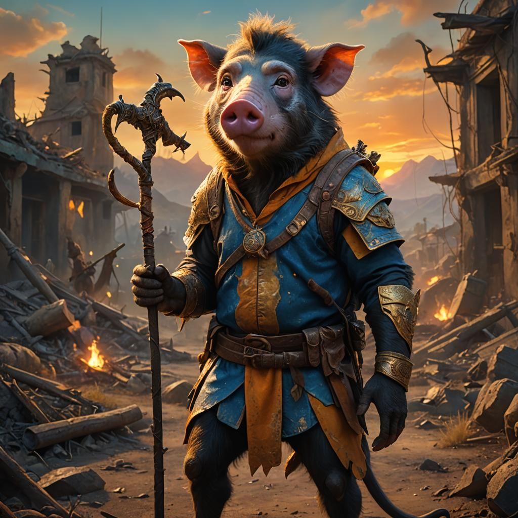 Pig Monkey Creature in War-Torn Landscape