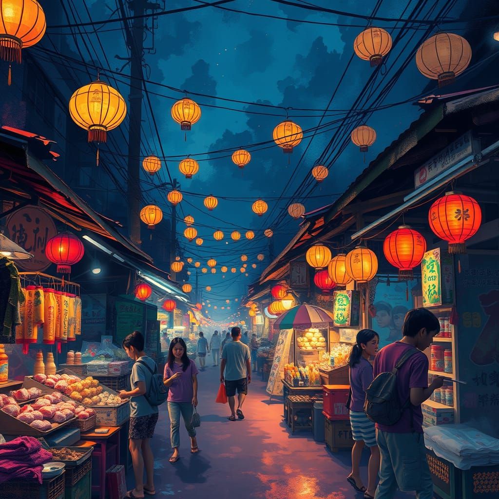 Luminous Night Market Scene in a Vibrant, Cyberpunk Style
