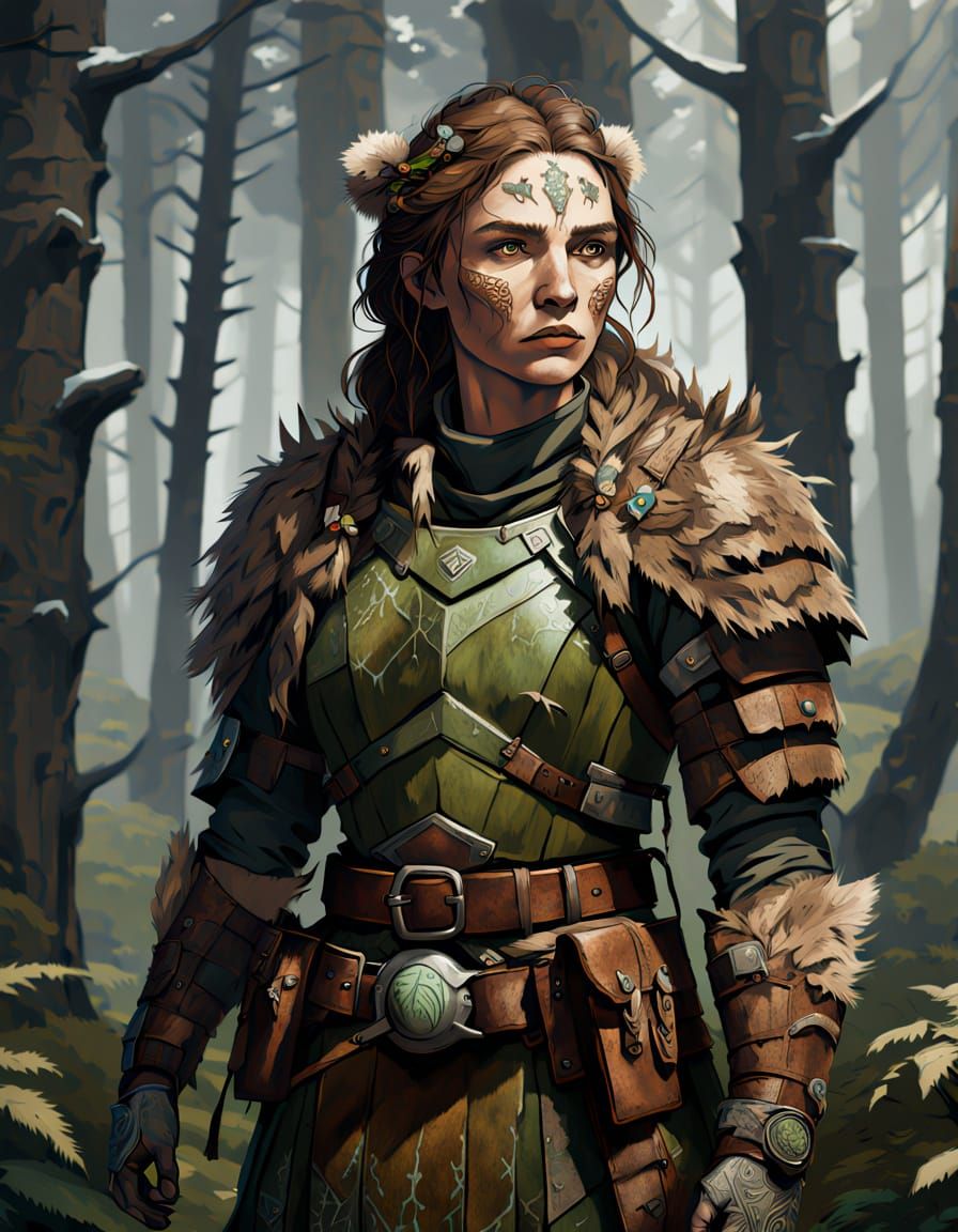Druid Woman in Forest with Bear Companion