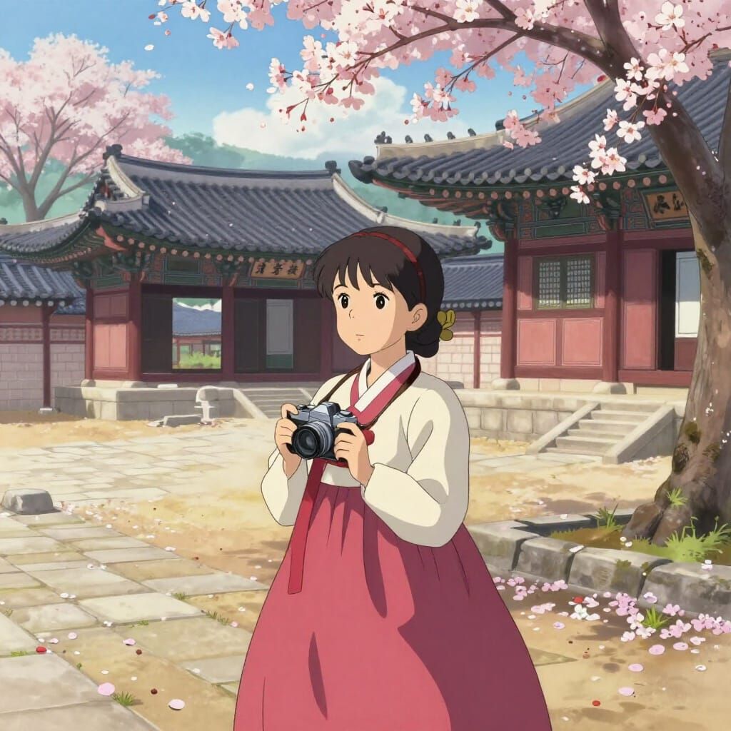 Anime Girl with Film Camera in Gyeongbokgung Courtyard