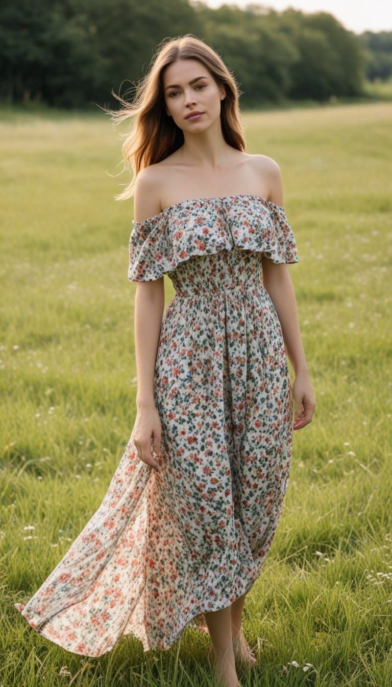 Gorgeous Woman in Floral Dress Gazes Directly at Viewer