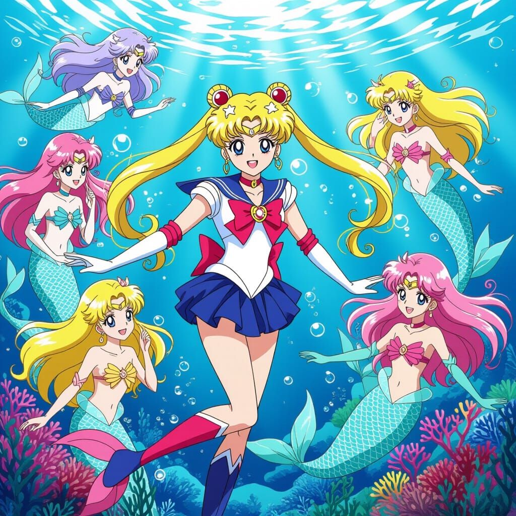 Sailor Moon Meets Mermaids in Vibrant Pastel Ocean Anime