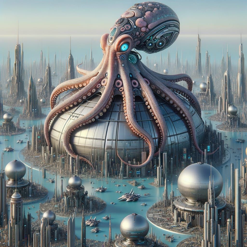 Cybernetic Octopus Over Futuristic Metropolis