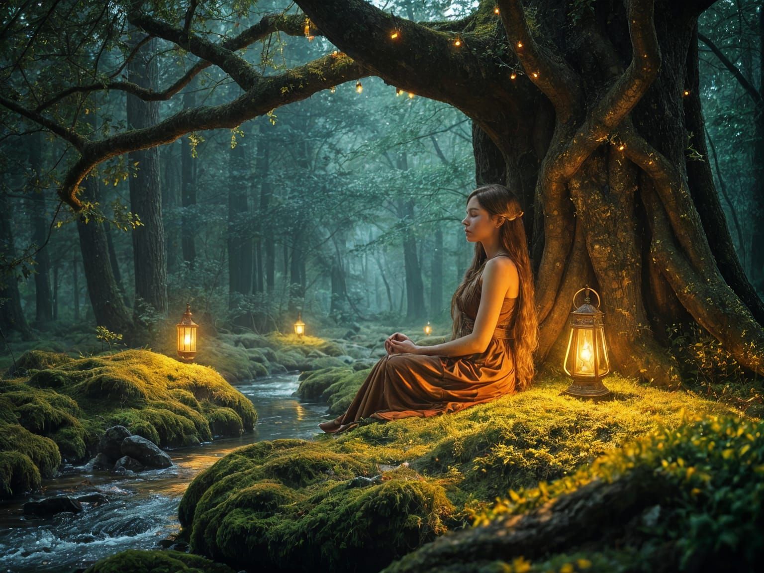 Elegant Elven Woman Meditating in Forest Glade, Art Nouveau ...