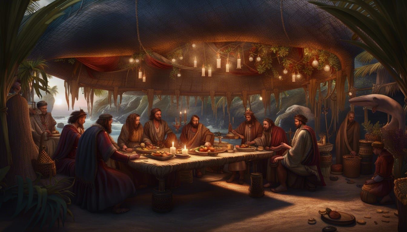 Luxurious Sukkah Interior with Ancient Figures