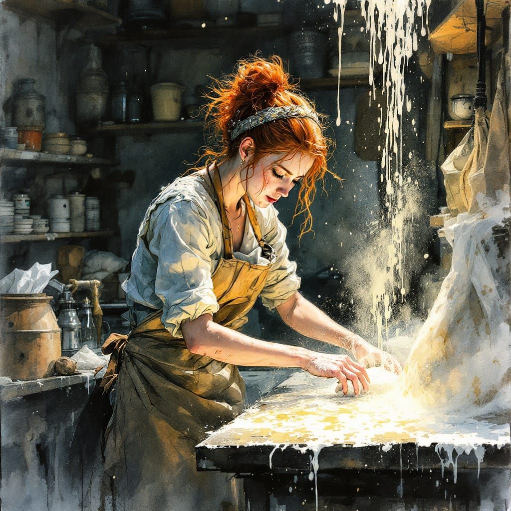 Redhead Baker Kneading Dough in Bustling Kitchen