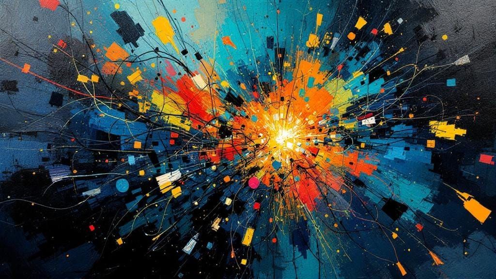 Explosion of Tangled Neon Shapes in Abstract Style