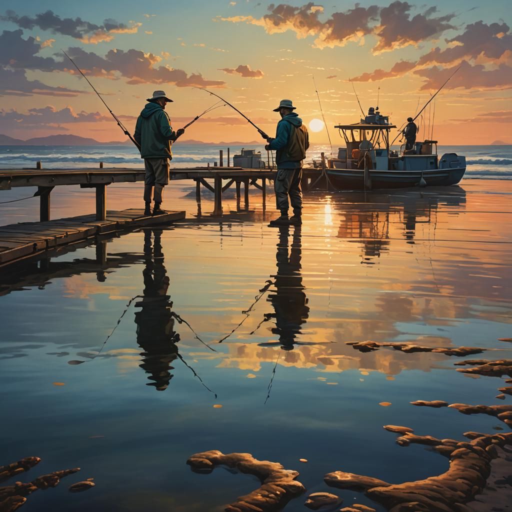 Hyperrealistic Fishermen at Sunset on Wharf