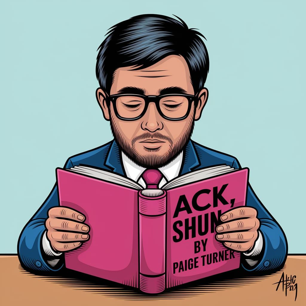 Cartoon Man Reading a Book Titled ACK, SHUN