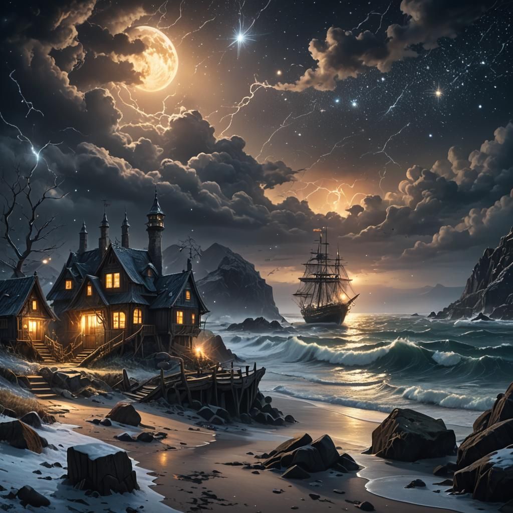 Starlit Frosty Night on Stormy Shores: Detailed Matte Painti...