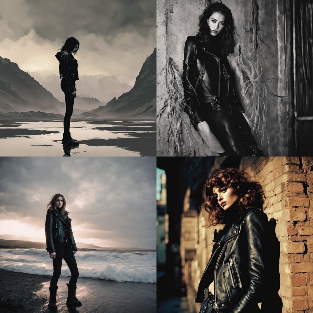 Black lace combat boots, girl grunge aesthetic full body long hair hot leather jacket