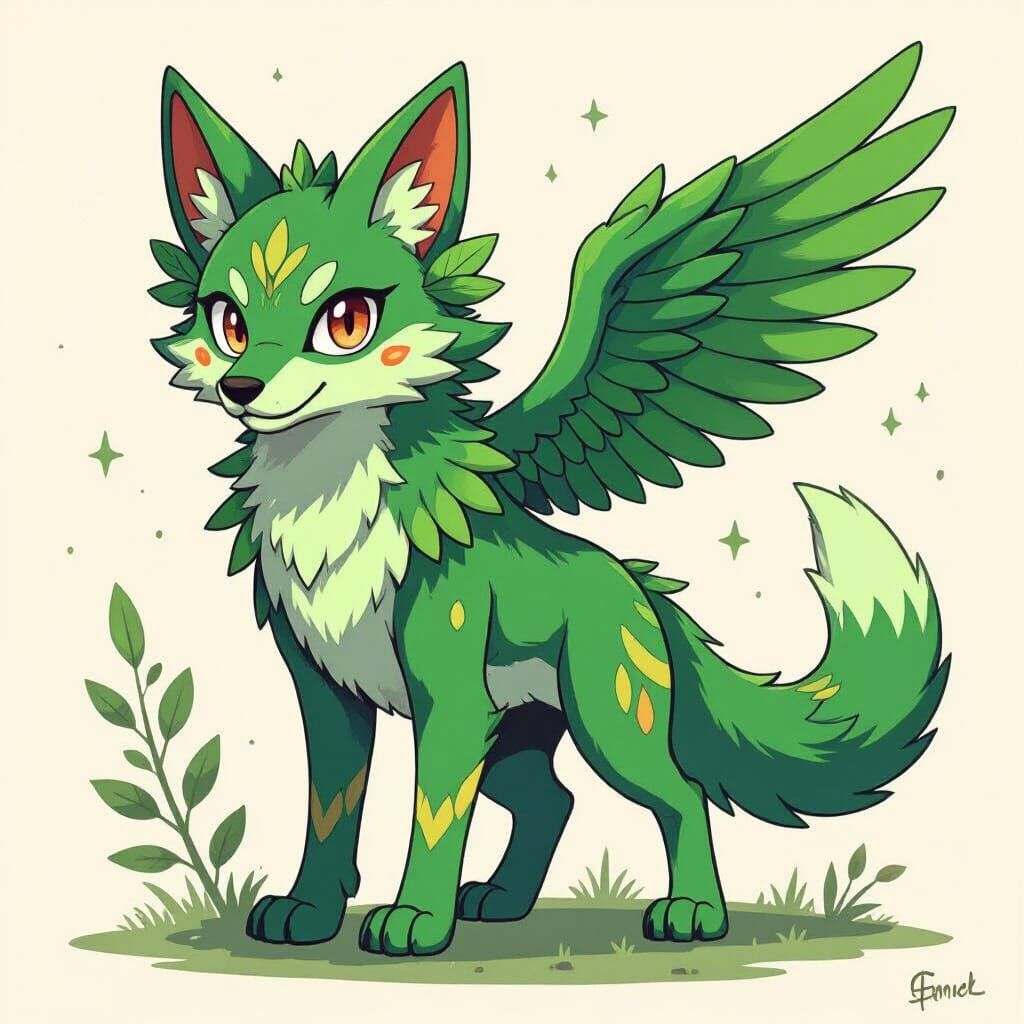Green Wolf Pokémon with Falcon Wings, Stylized Digital Art