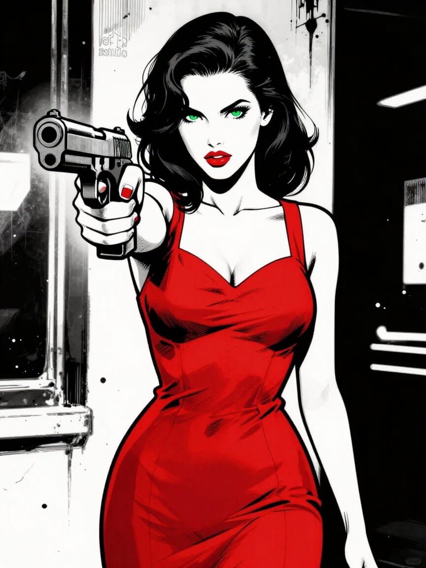 Noir Comic Style Woman Points Gun in Red Dress