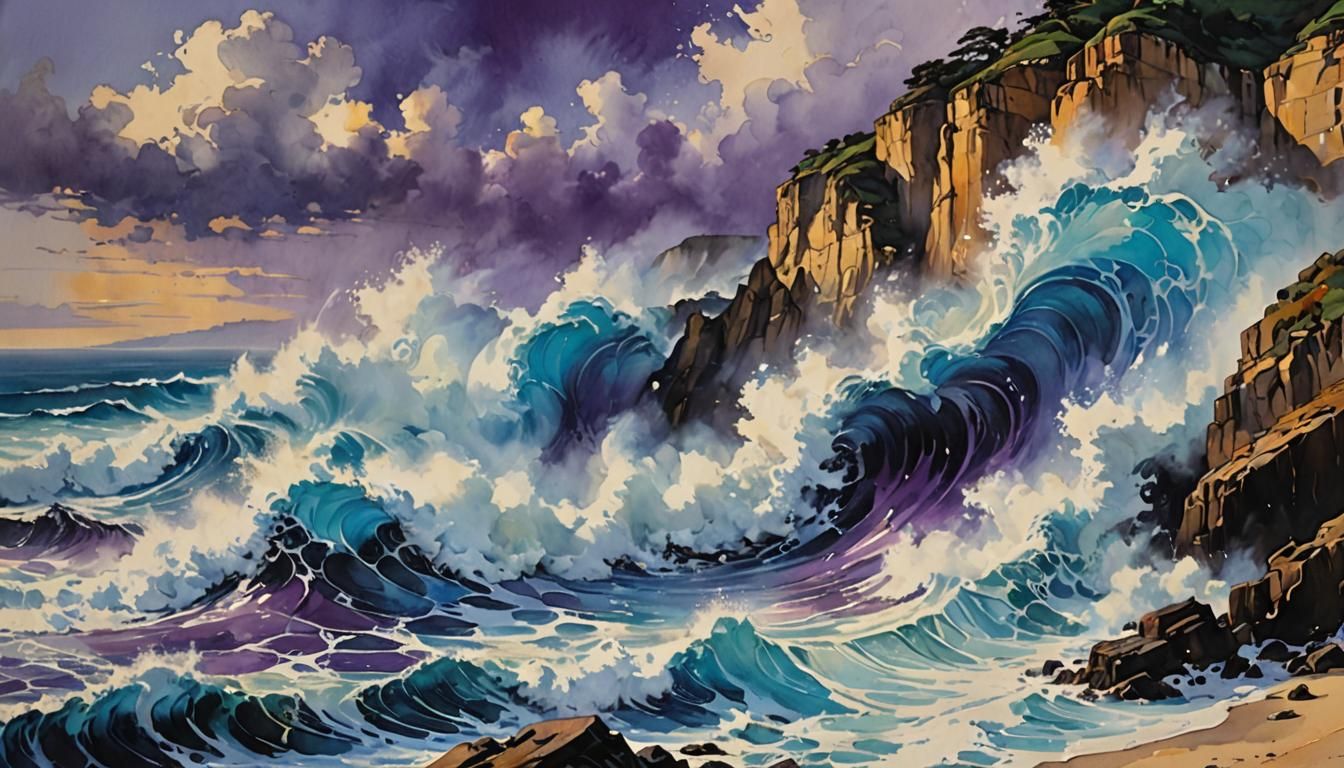 Colorful Ink Waves Crashing on Cliffs in Gouache Style
