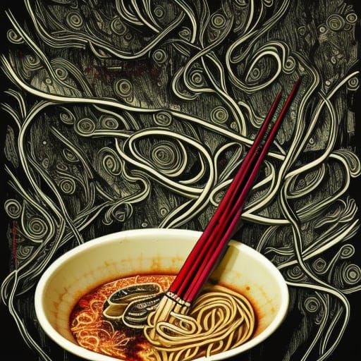 Gothic Noodles with Chopsticks in Detailed Oil Painting