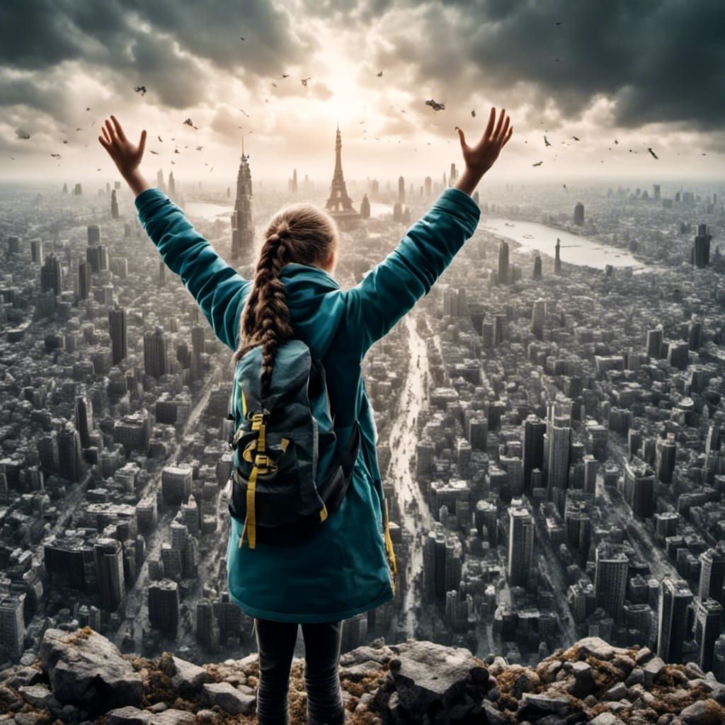 Greta Thunberg Heals City: Dark Fantasy Realism